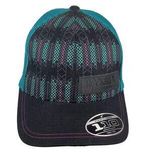 Teal, Pink & Black Rock & Roll Denim Flexfit 110 Leather Logo Mesh Cap Hat Adj